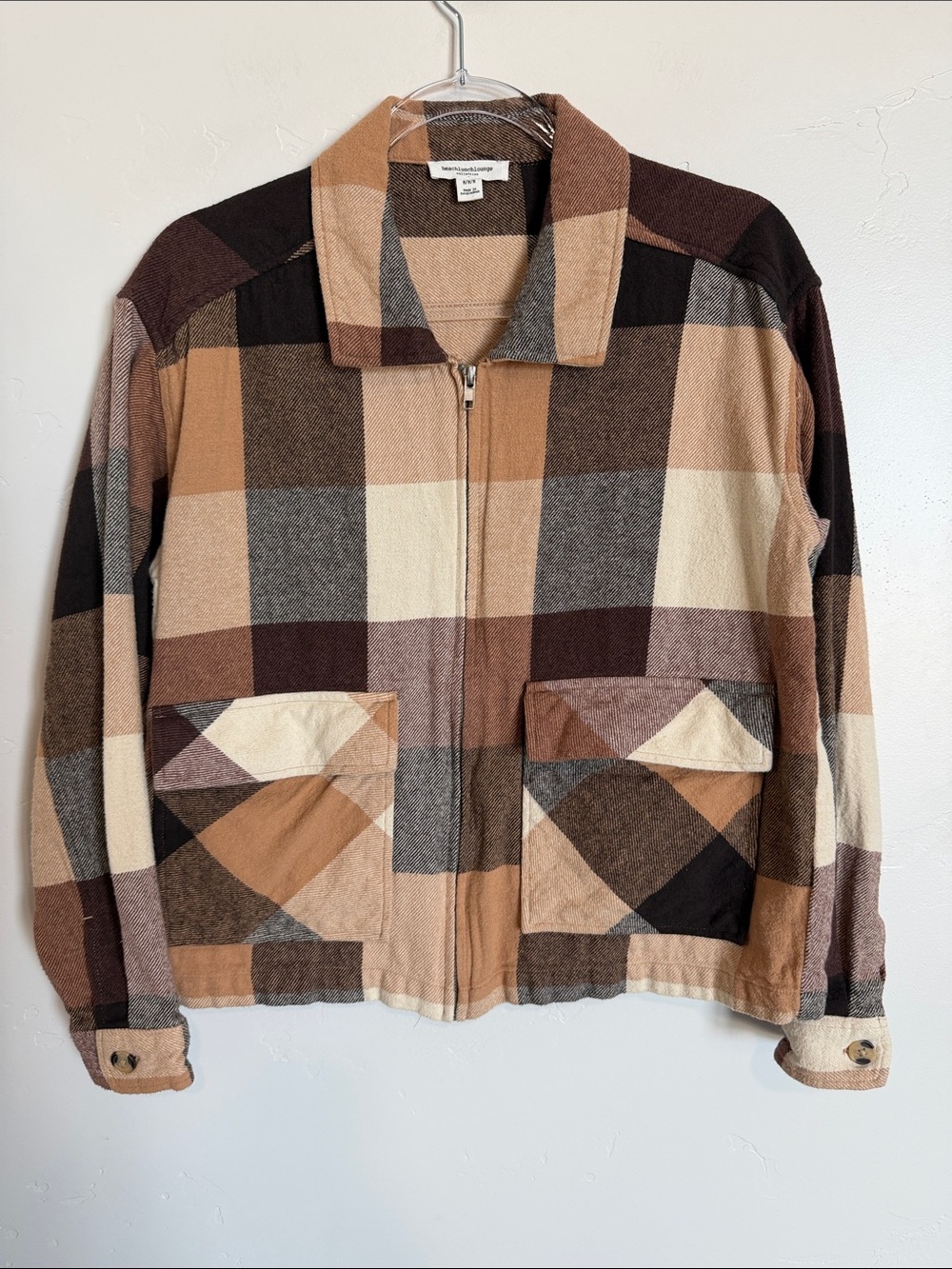 beachlunchlounge Neutral Plaid Zip Utility Jacket Cotton Fall Jacket